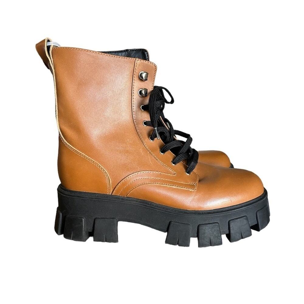 Marc Fisher LTD Happy Combat Lace Up Boots Cognac Leather Brown Size 9.5 Chunky